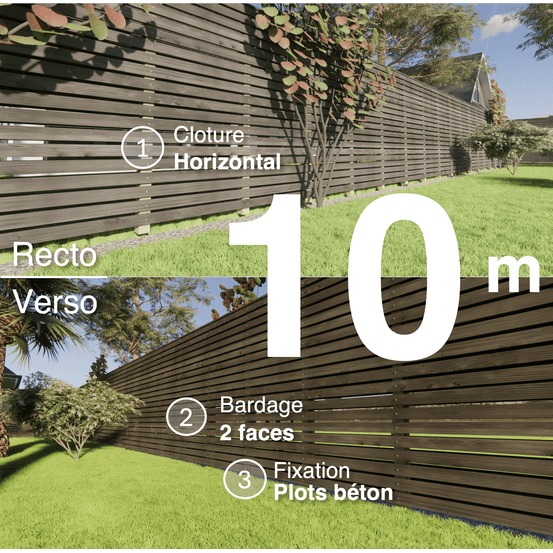 Kit clôture bois moderne 10m – h 1,9m – 20 x 70 mm noir par trempage – pose horizontal – double face – à sceller