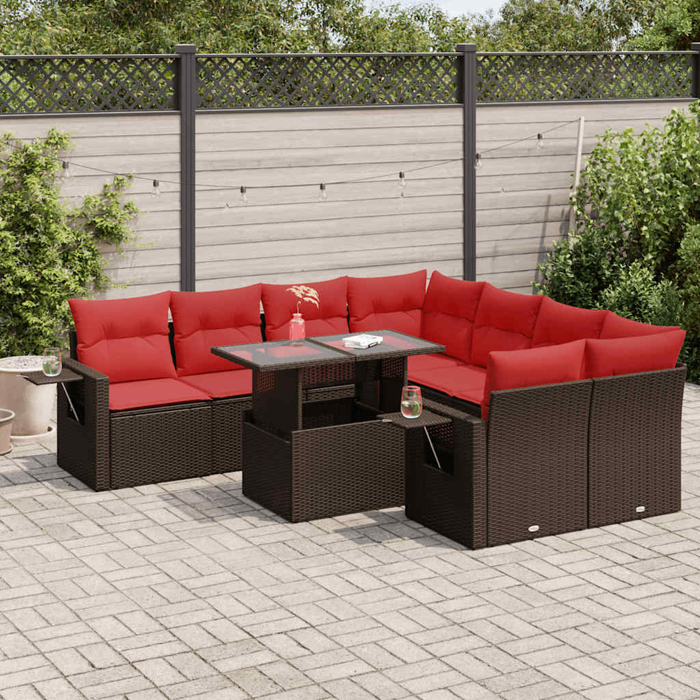 Salon de jardin avec coussins 9 pcs marron résine tressée acacia