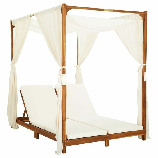 Chaise longue double avec rideaux et coussins bois d'acacia