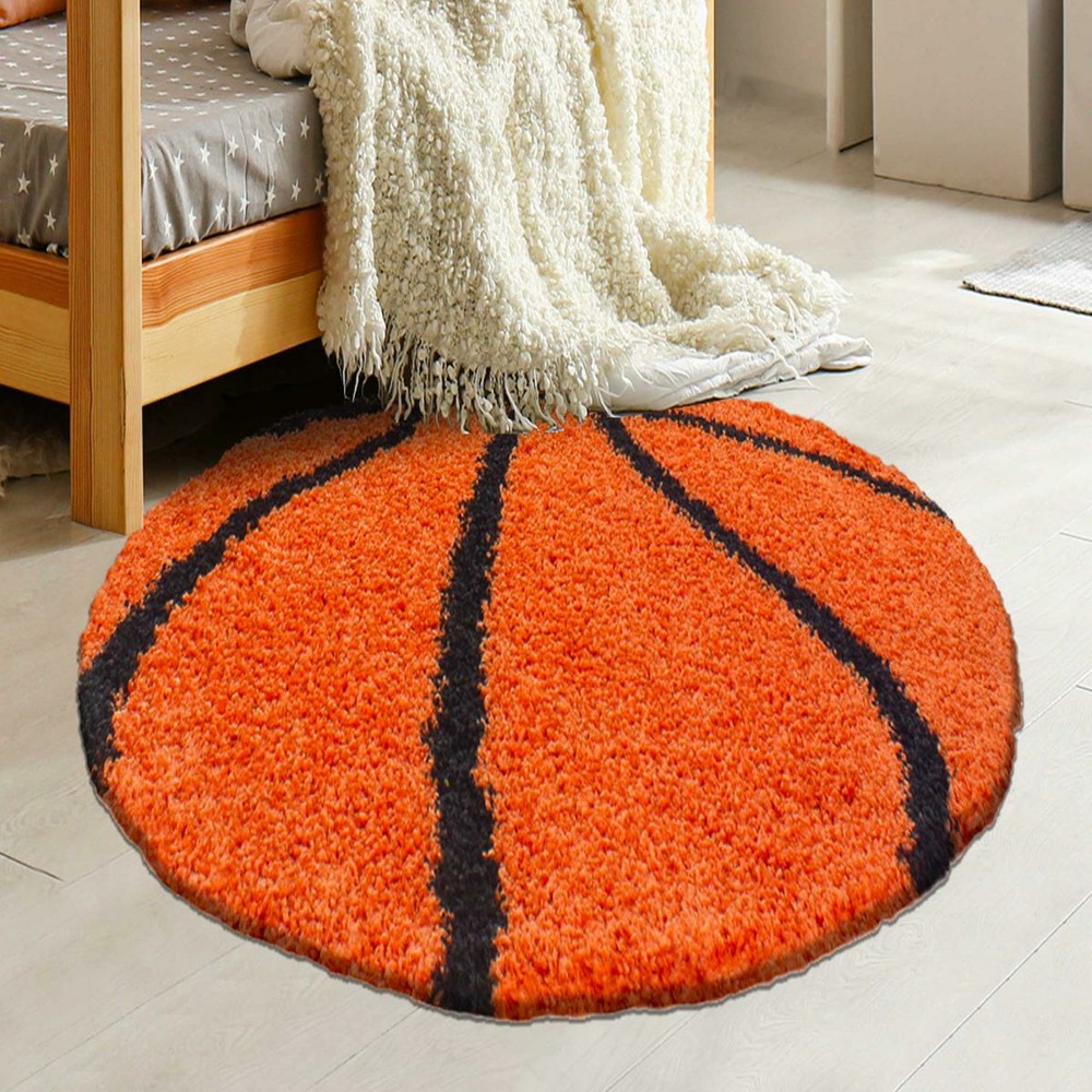 Tapis enfant ø120cm rond tissé orange et noir shaggy basket