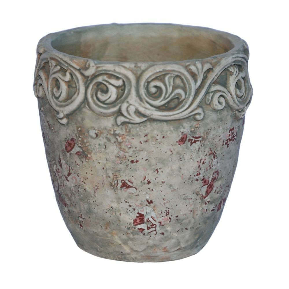 Cache-pot rond en ciment vieilli effet carrelage bordeaux ø. 17 x ht. 17 cm