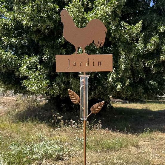 Pluviomètre coq métal à planter jardin 22x6x110cm