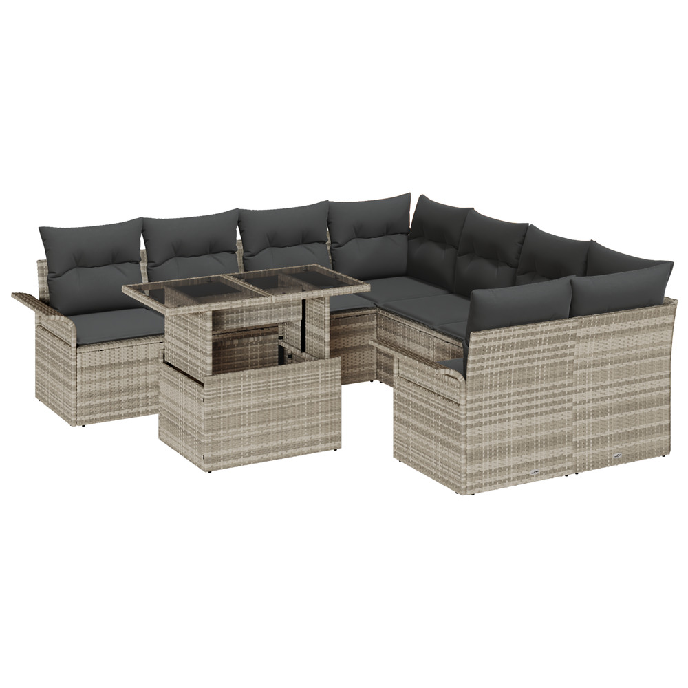 Set de canapé de jardin 9 pièces avec coussins gris clair en poly rattan