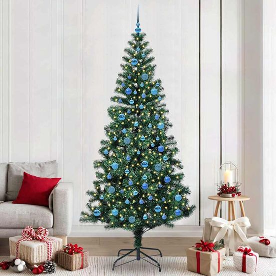 Très grand sapin de fête lumineux 2.40m avec boules argentées et cime incluse