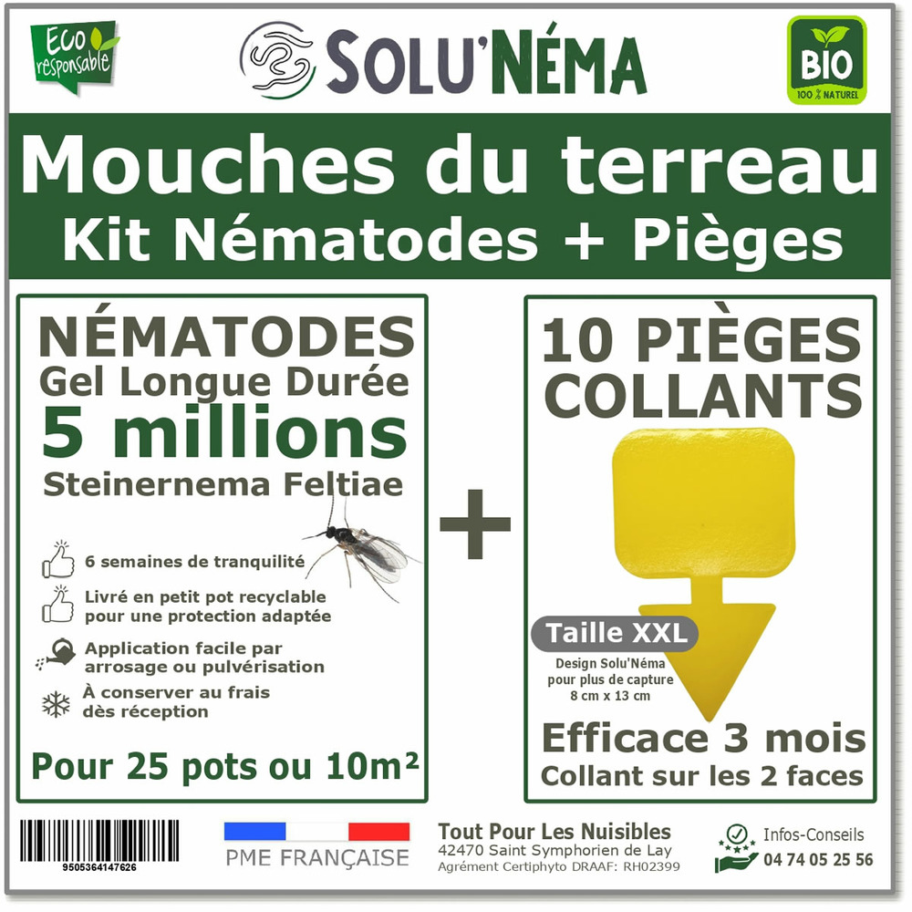 Kit nématodes 5 millions + 10 pièges collants xxl - contre les mouches du terreau - formulation gel longue durée pour traiter 25 pot