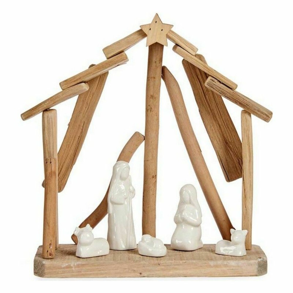 Crèche de noël 25 x 28 x 10 cm céramique naturel bois blanc