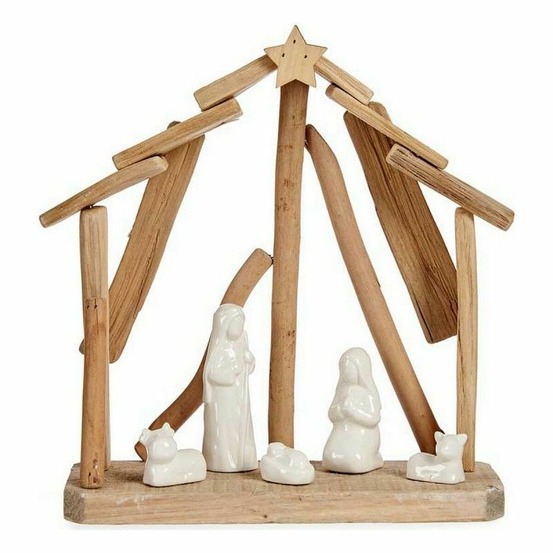 Crèche de noël 25 x 28 x 10 cm céramique naturel bois blanc