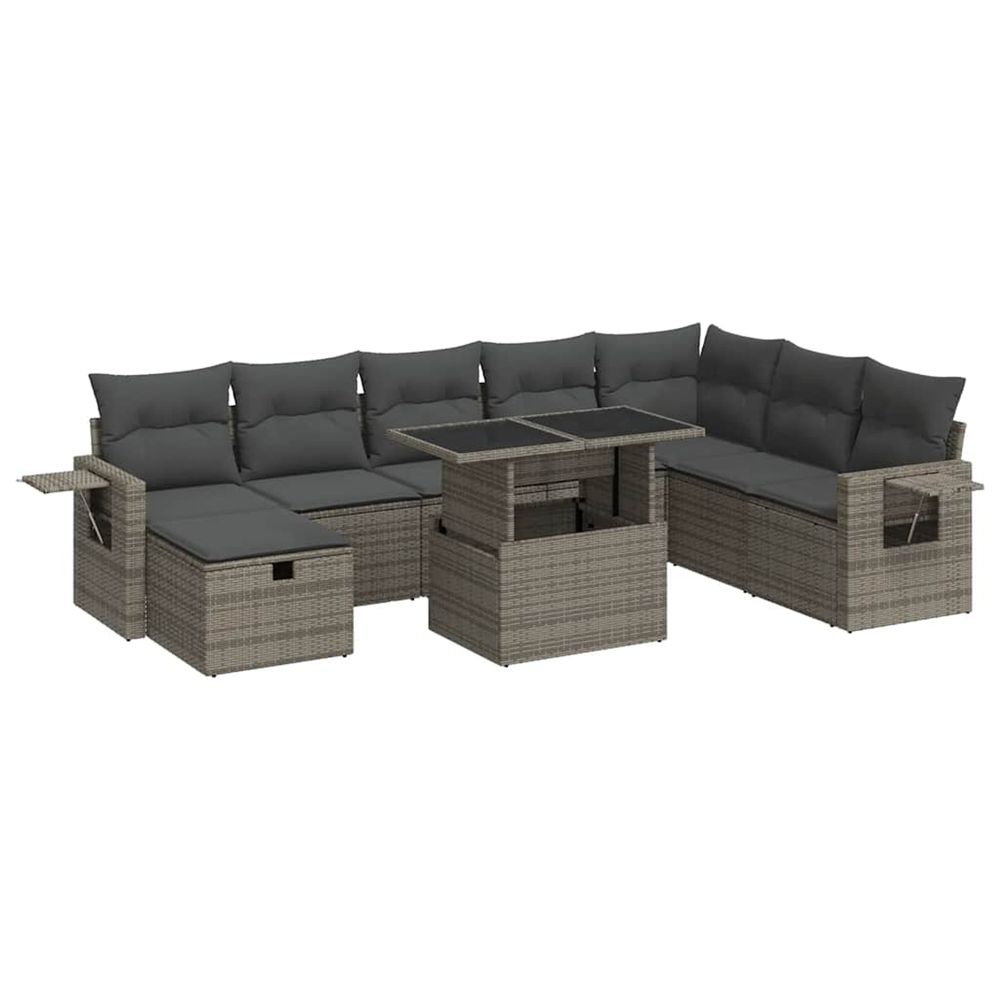 Salon de jardin 9 pcs avec coussins gris résine tressée
