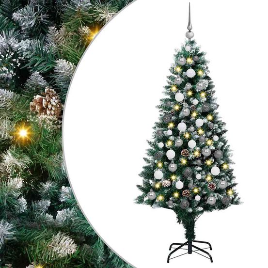 Sapin de noël artificiel 180 cm lumineux, kit décoration complet 120 boules