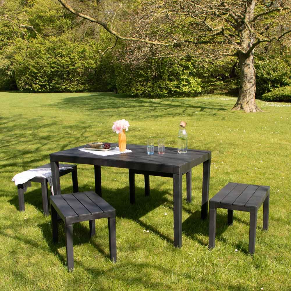 Salon de jardin en résine anthracite avec 4 bancs samoa