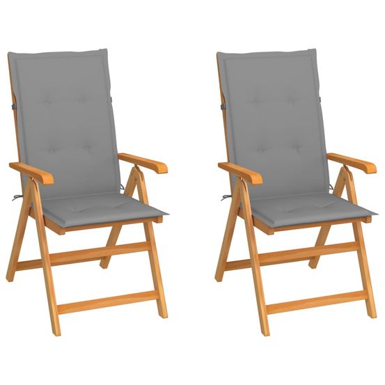 Chaises pliantes (lot de 2) avec coussins gris, en teck massif