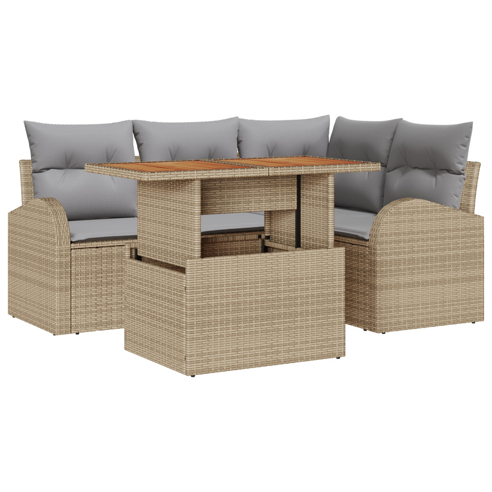 Ensemble de salle à manger de jardin en 5 pièces avec coussins beige rattan poly acacia
