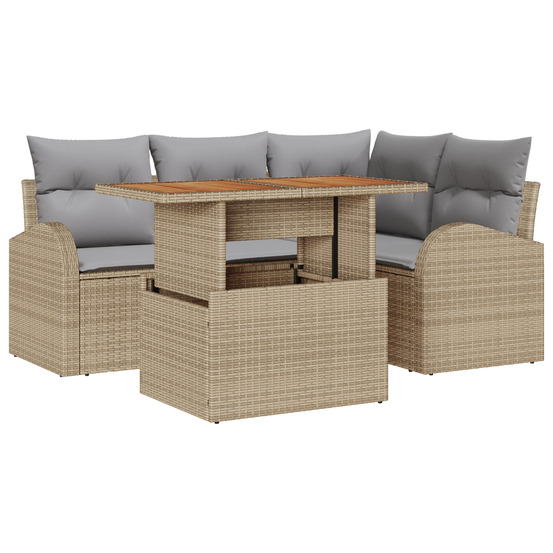 Ensemble de salle à manger de jardin en 5 pièces avec coussins beige rattan poly acacia