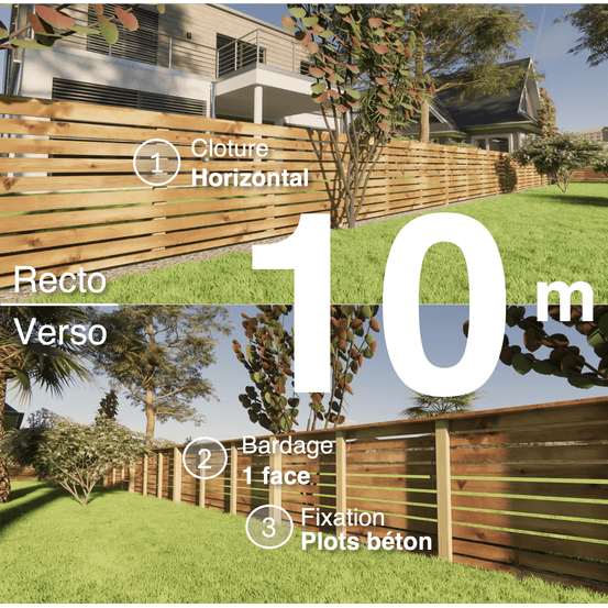 Kit clôture bois moderne 10m – h 0,9m – 20 x 70 mm autoclave marron – pose horizontal – simple face – à sceller