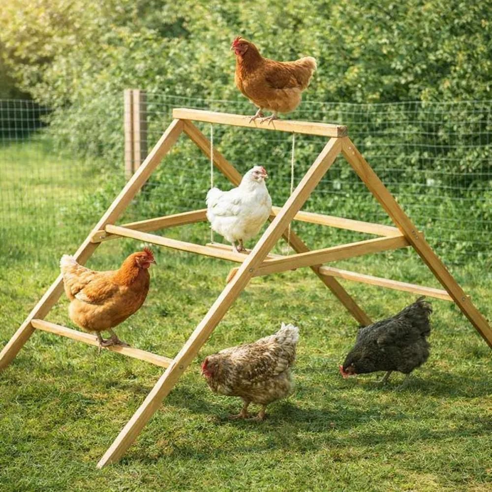 Perchoir poules en bois 2 échelles avec balançoire