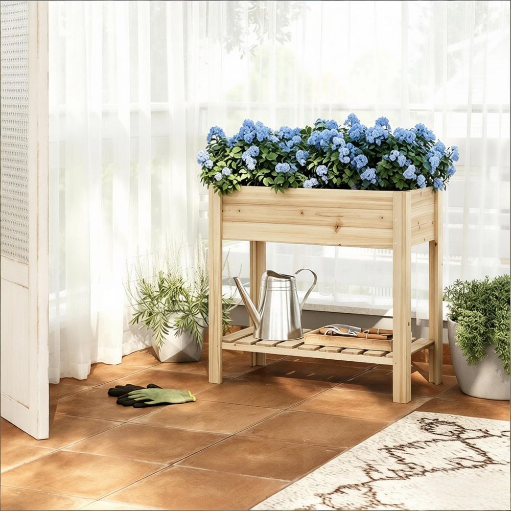 Carré potager surélevé bois sapin balcon terrasse avec étagère 80x40x75cm naturel
