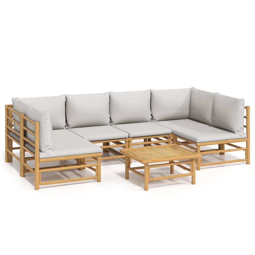 Salon de jardin 7 pcs avec coussins gris clair bambou