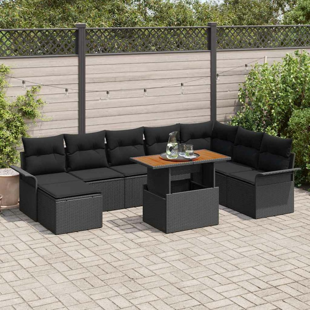 Ensemble de canapé de jardin 9 pcs noir poly rotin
