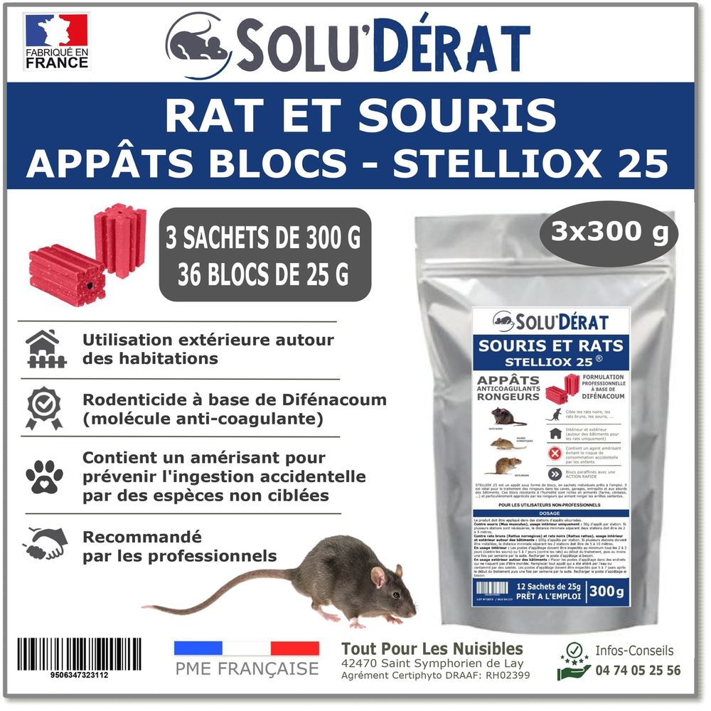 Solu'derat appat bloc rats & souris - 3 sachets 300 g soit 36 blocs - rodenticide au difenacoum 0,0025 % - usage exterieur
