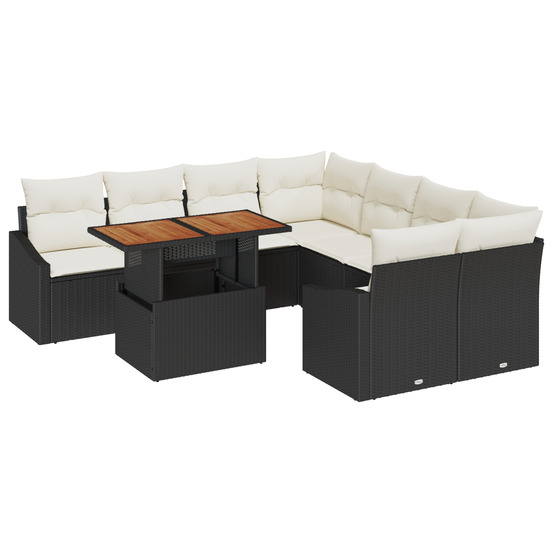 Ensemble de salle à manger de jardin 9 pièces avec coussins noir poly rattan acacia