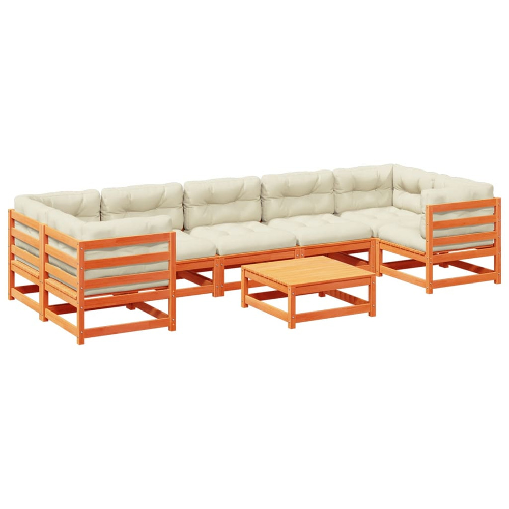 Salon de jardin 8 pcs avec coussins marron cire bois pin massif