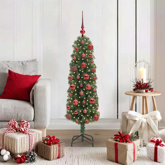 Kit sapin de noël artificiel 120 cm vert, complet avec 150 led et 61 boules