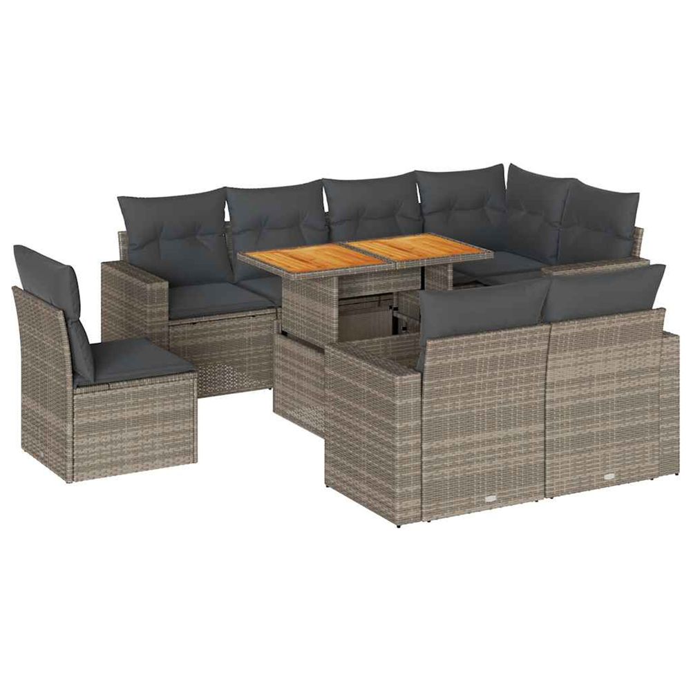 Salon de jardin 9 pcs avec coussins gris résine tressée