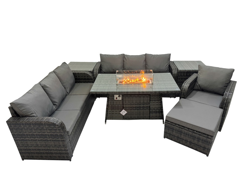 Ensemble repas de jardin exterieur table de foyer à gaz 3 places et avec grand tabouret 2 tables d'appoint 8 places