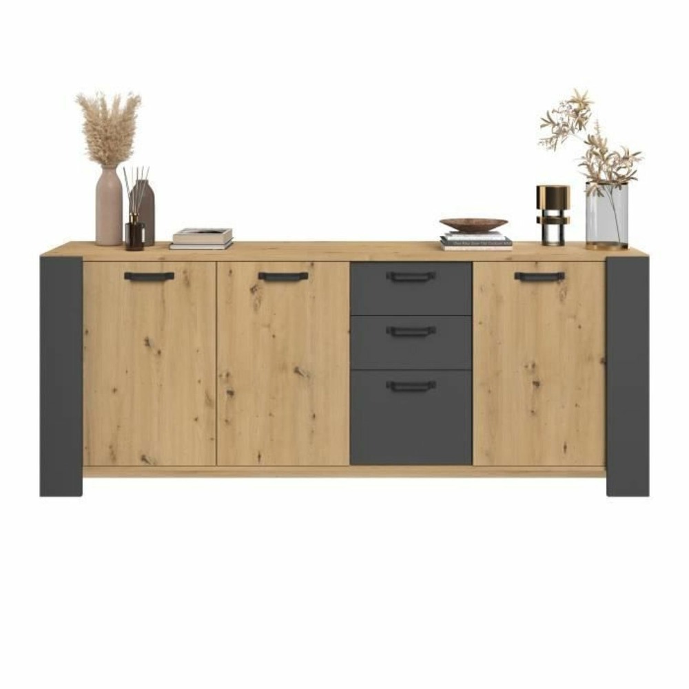 Buffet 3 portes et 3 tiroirs chêne artisan et mélamine gris ombre 220 x 52 x hauteur 86,5 cm