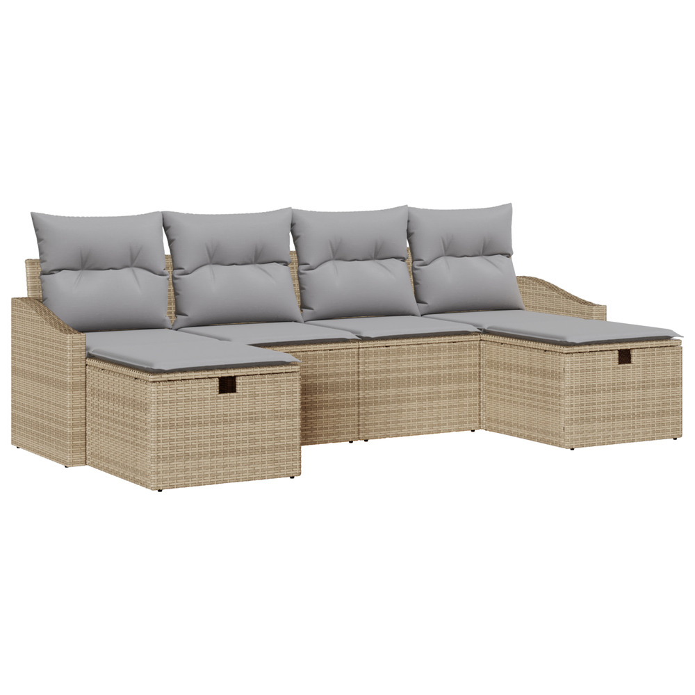 Ensemble de canapé de jardin 6 pièces avec coussins beige rattan poly