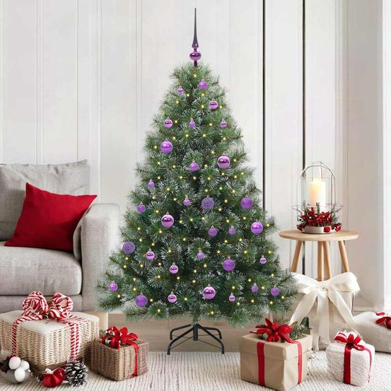 Sapin de noël 150 cm avec 8 modes d'éclairage led, kit complet boules et cimier inclus