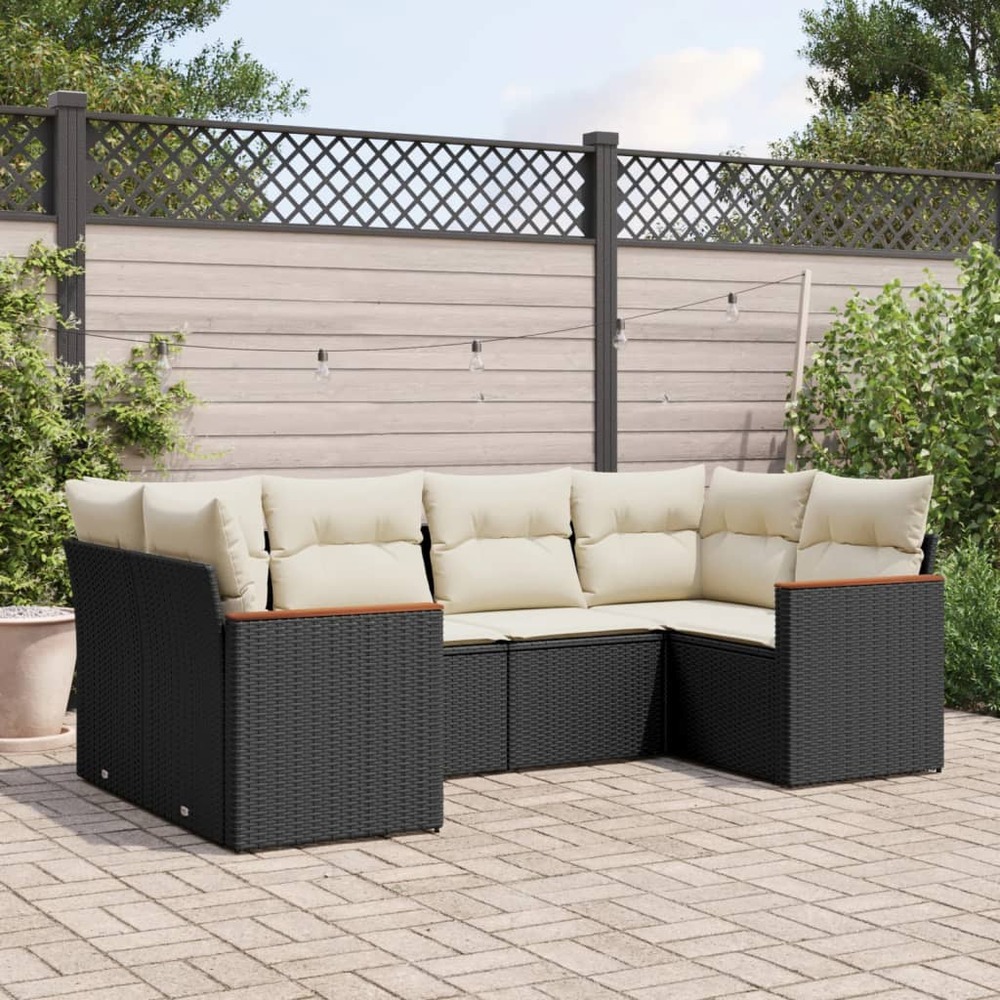 Salon de jardin 6 pcs avec coussins noir résine tressée