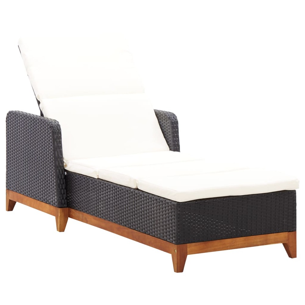 Transat chaise longue bain de soleil lit de jardin terrasse meuble d'extérieur résine tressée et bois d'acacia massif noir 02