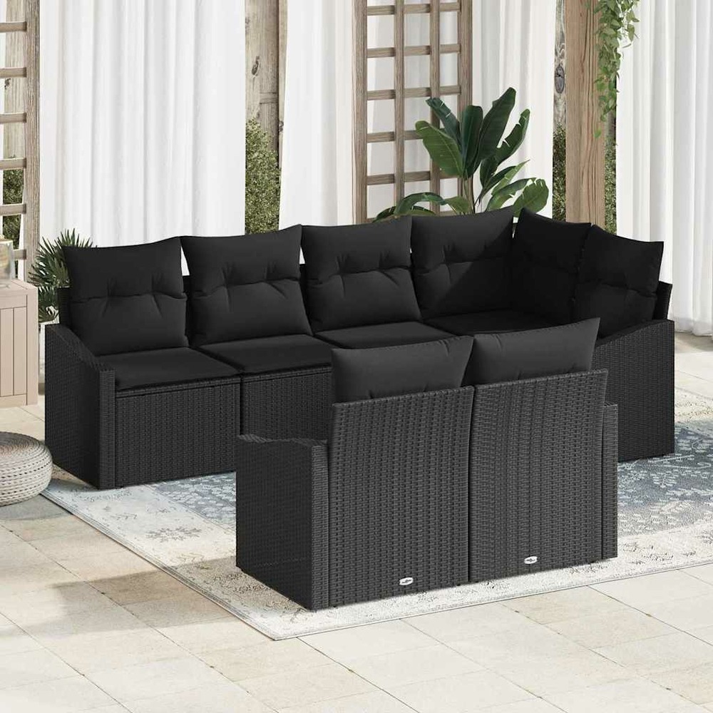 Ensemble de canapés avec coussin 7 pcs noir polyrotin