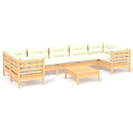 Salon de jardin 8 pcs avec coussins crème bois de pin