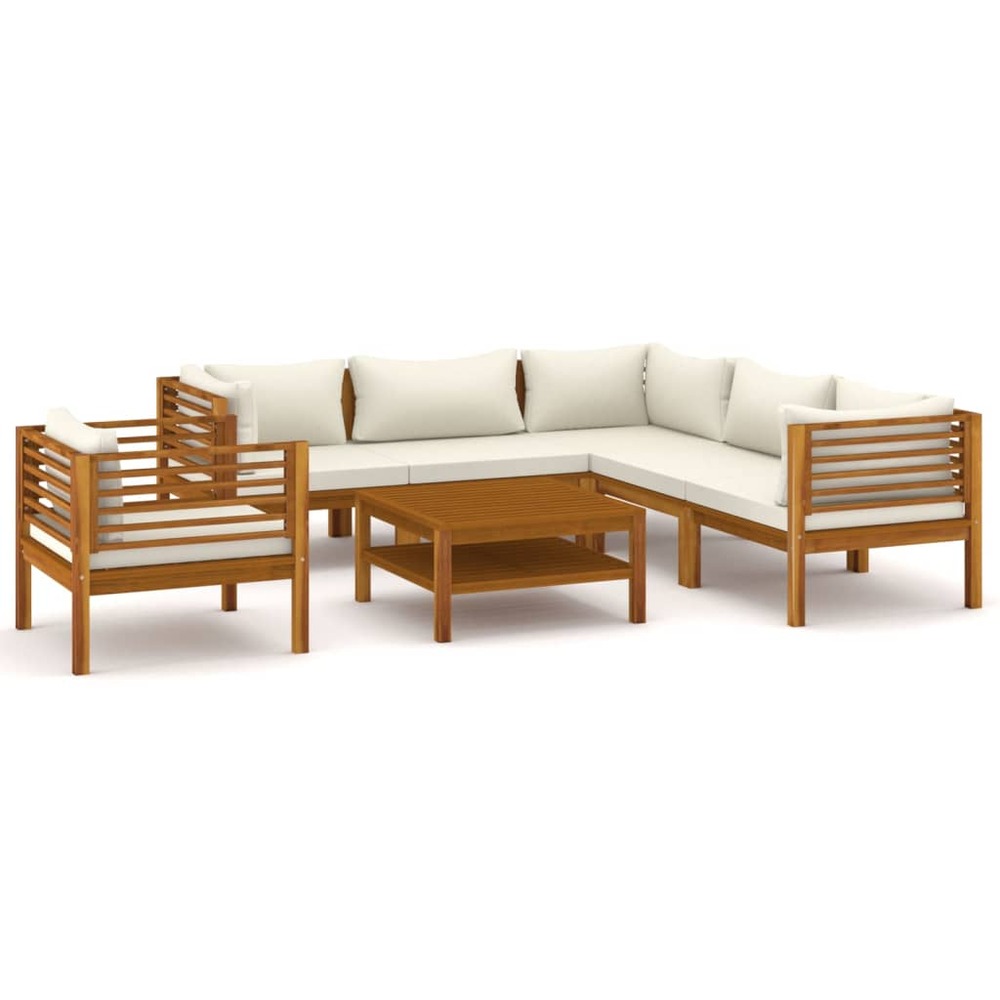Salon de jardin meuble d'extérieur ensemble de mobilier 7 pièces avec coussin crème bois d'acacia solide