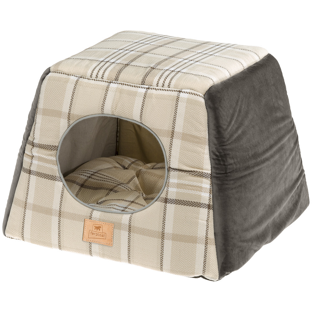 Ferplast, maisonnette pour chats d'intérieur edinburgh, couchage avec coussin, lit pour chats, écossais, velours doux, lavable,