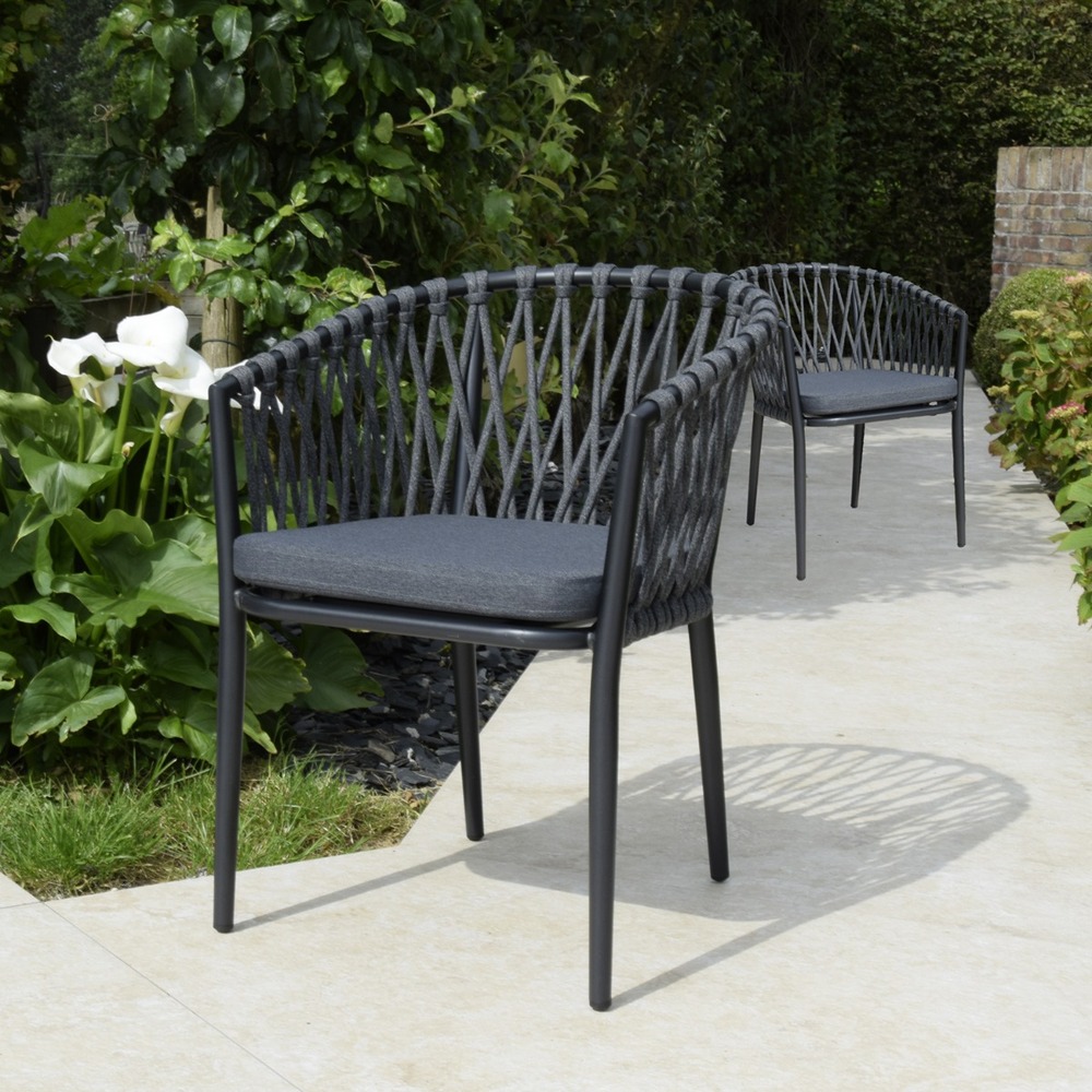 Fauteuils en alu anthracite et corde gris foncé, lula (lot de 2)