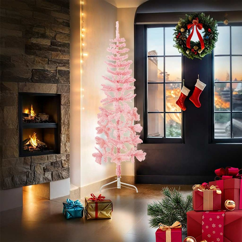 Demi sapin de noël artificiel mince avec support rose 180 cm
