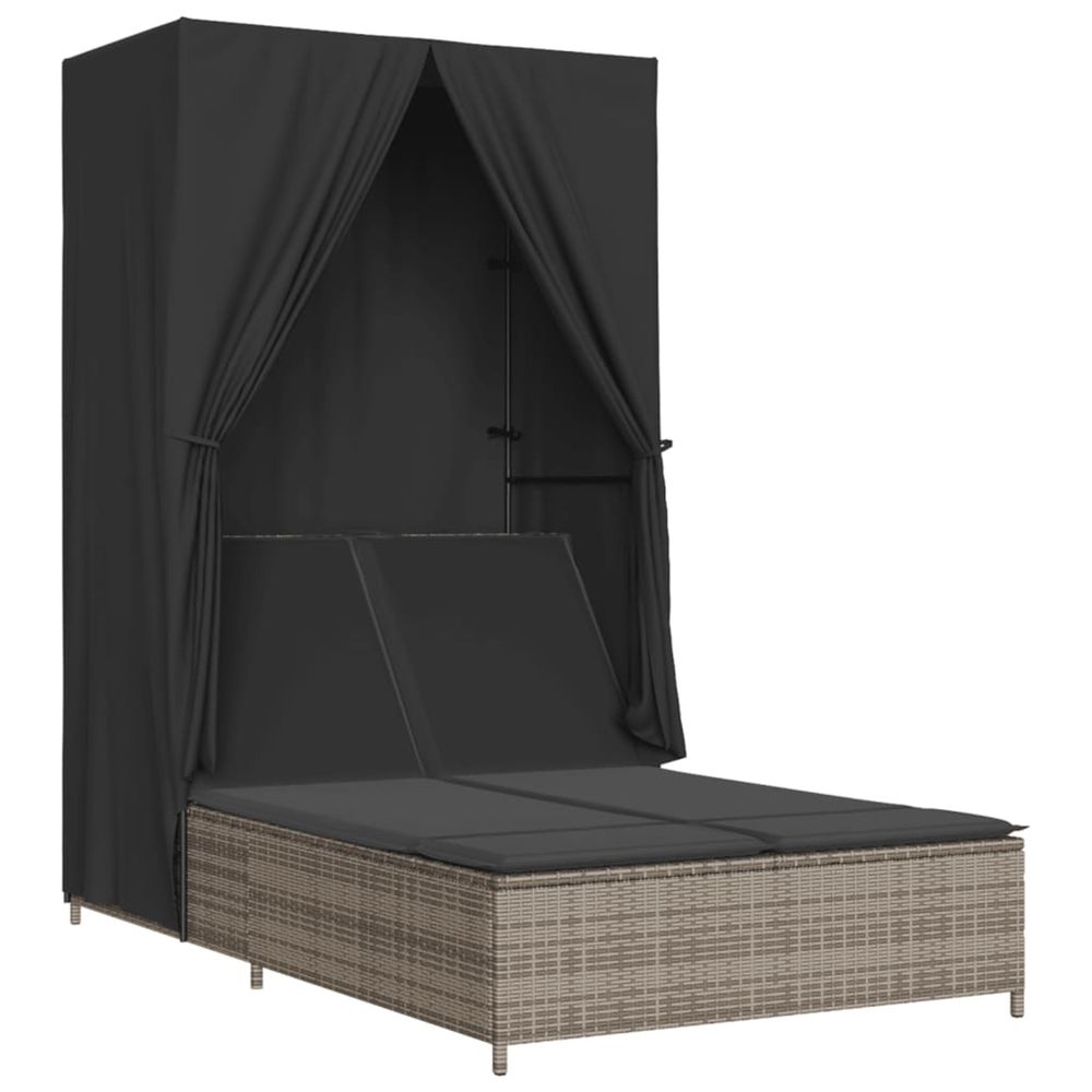 Chaise longue double avec toit et rideaux gris résine tressée bain de soleil