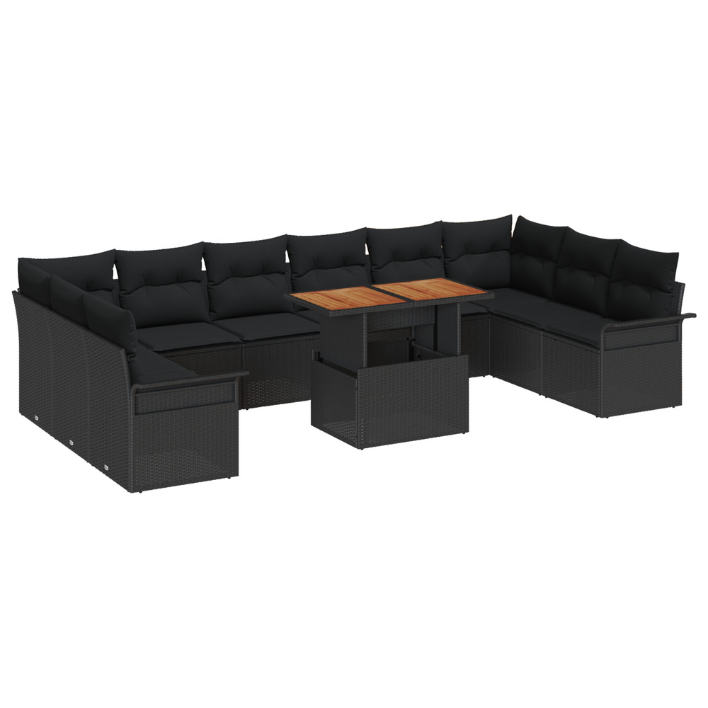 Ensemble de salle à manger de jardin 11 pièces avec coussins noir poly rattan acacia