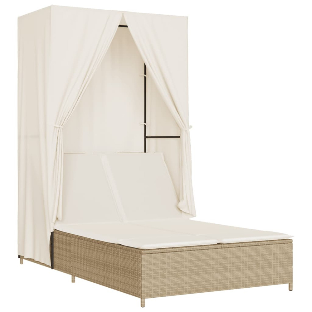 Chaise longue double avec toit et rideaux beige résine tressée bain de soleil