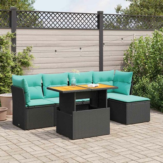 Salon de jardin 6 pcs avec coussins noir résine tressée