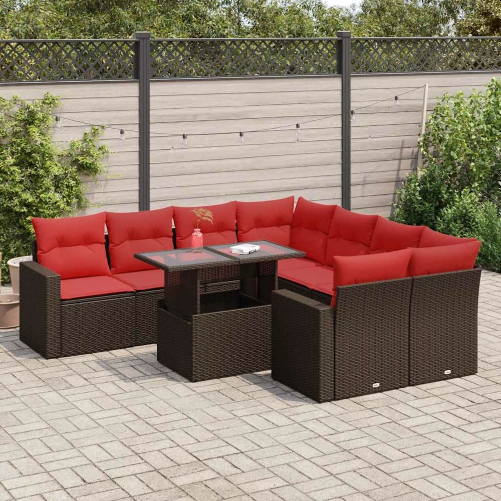 Salon de jardin avec coussins 9pcs marron résine tressée acacia