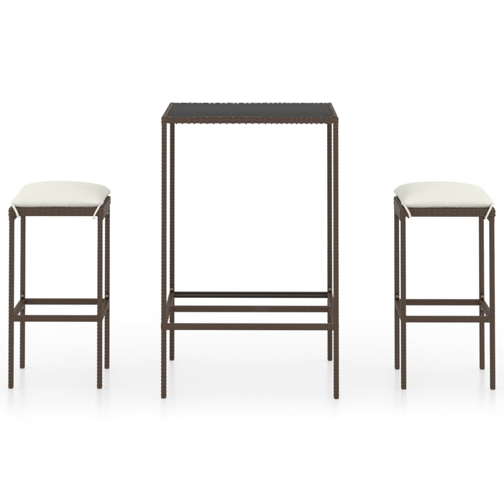 Meuble de bar de jardin 3 pièces et coussins résine tressée marron