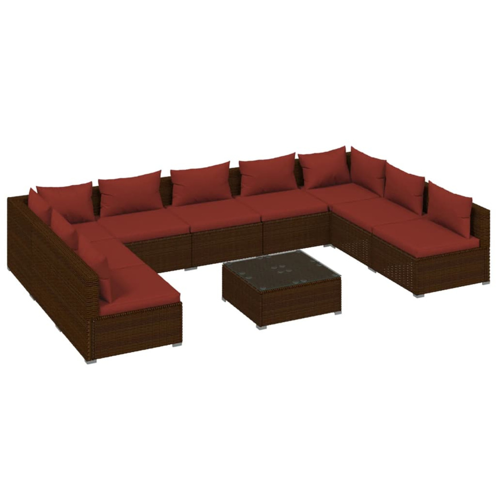Salon de jardin 10 pcs avec coussins résine tressée marron