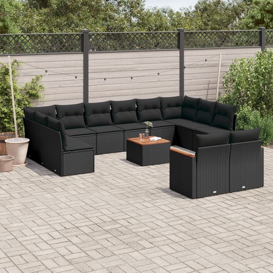Salon de jardin avec coussins 13 pcs noir résine tressée