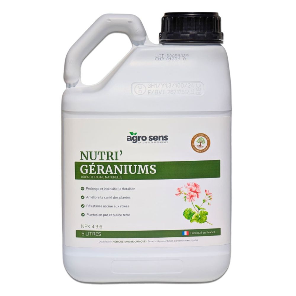 Nutri géraniums - engrais liquide pour géraniums - 5 litres (2500 litres de préparation)