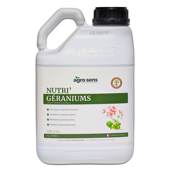 Nutri géraniums - engrais liquide pour géraniums - 5 litres (2500 litres de préparation)