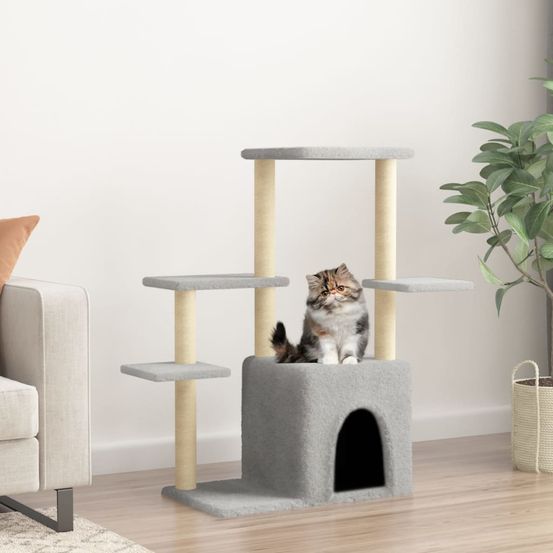 Arbre à chat multi-niveaux 97,5 cm gris clair avec niche douillette et poteaux griffoirs en sisal